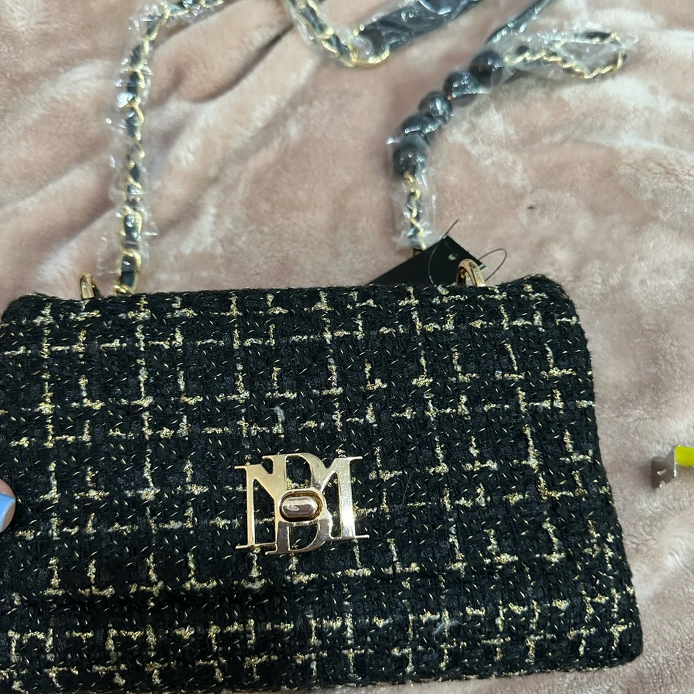 Logo-Embellished Black Tweed Crossbody Bag, Gold Chain, Badgley Mischka inspired